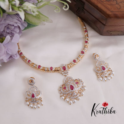 Simple AD/ Victorian Hasli Necklace with Peacock Pendant Drops NC2251 (Available in 3 Colours)
