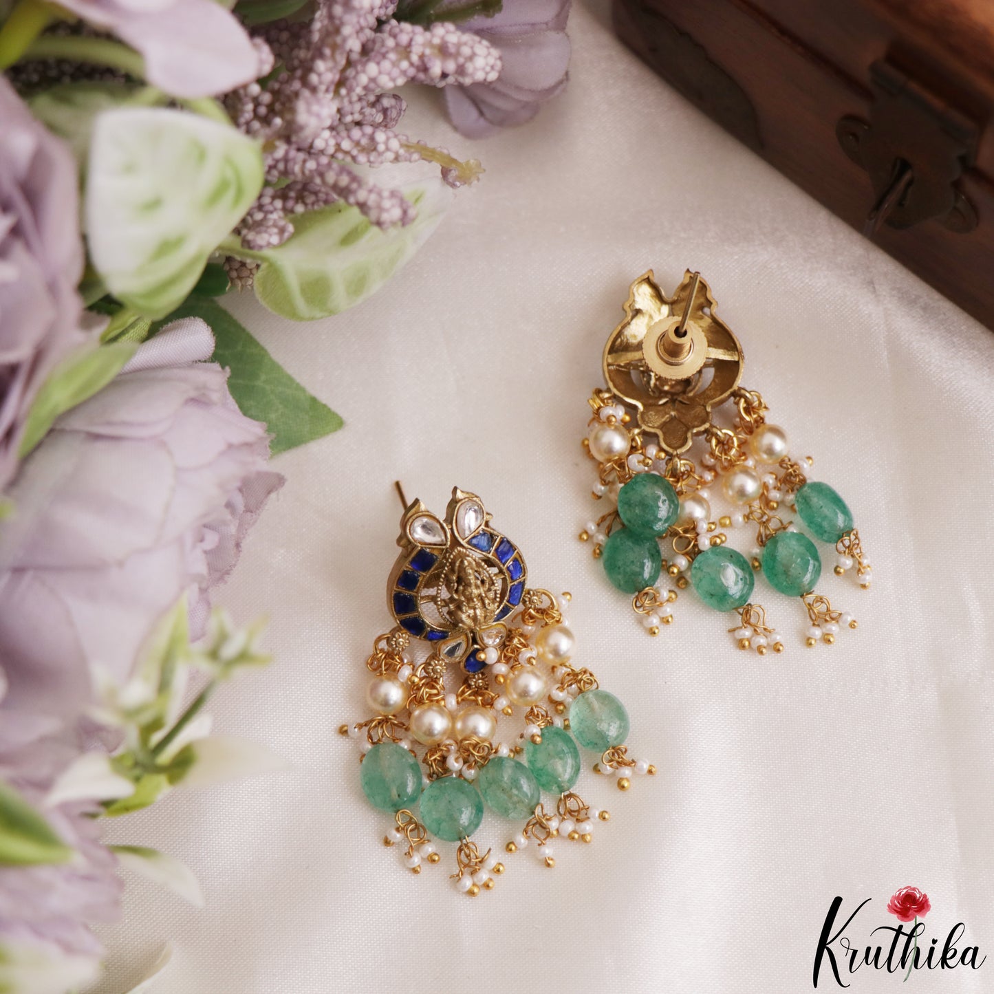 Gorgeous Antique Lakshmi Motifs Polki Jadau Pendant Set With Green Bead Drops PS307 (Available In 3 Colors)