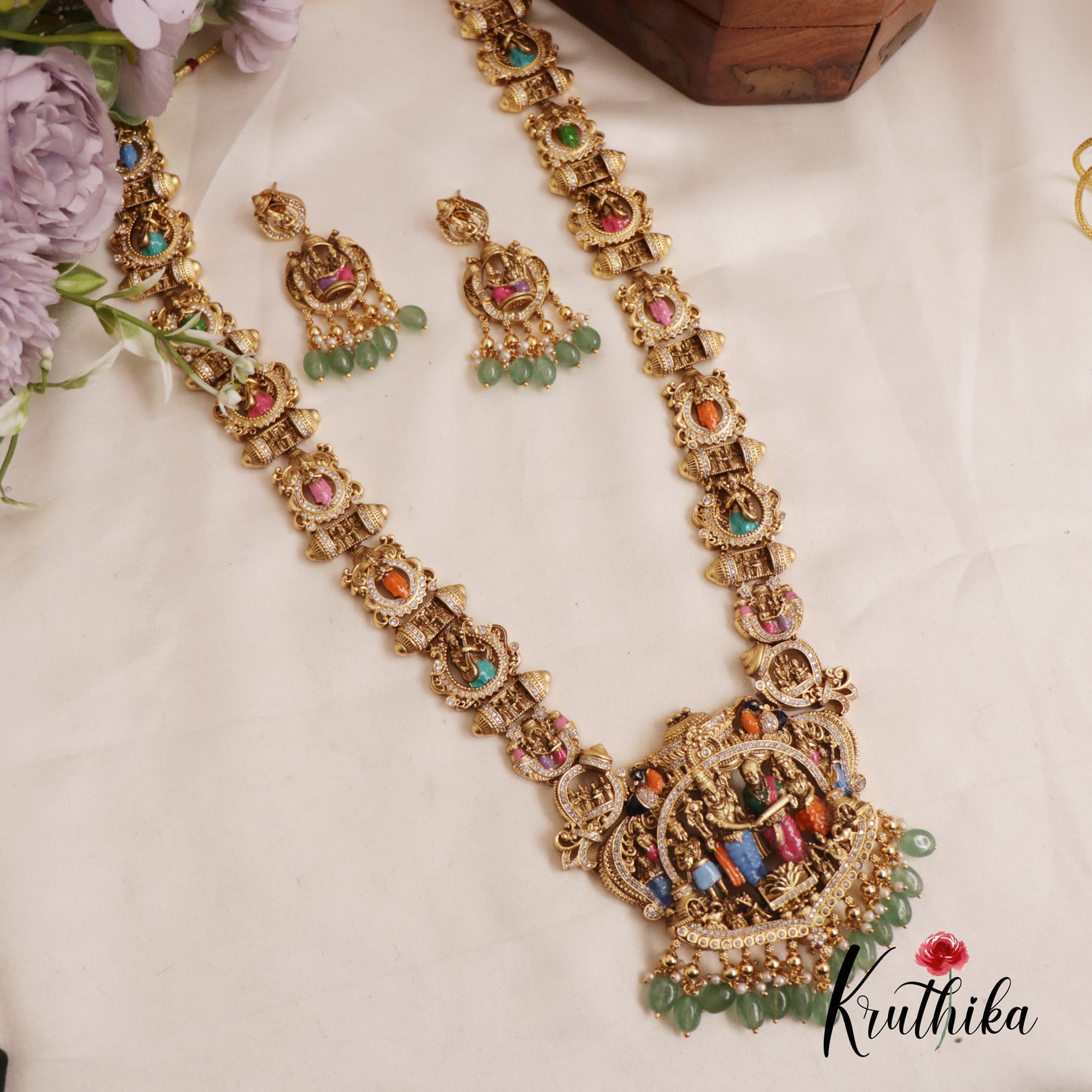 Traditional Antique Nagas Deity Motifs Haaram With Bead And Pearl Drops LH2019