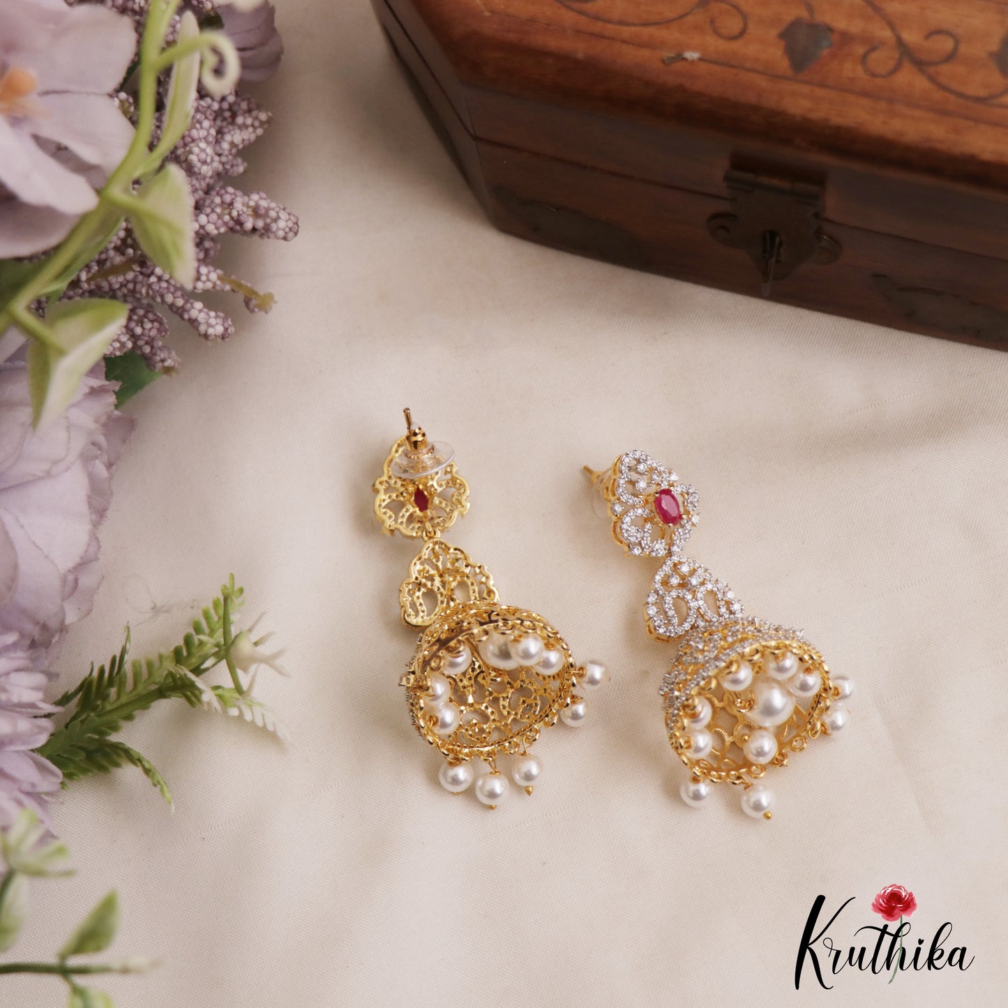 Classic Mango Motifs AD Jhumkas With Pearl Drops E1096  (Available In 3 Colors)
