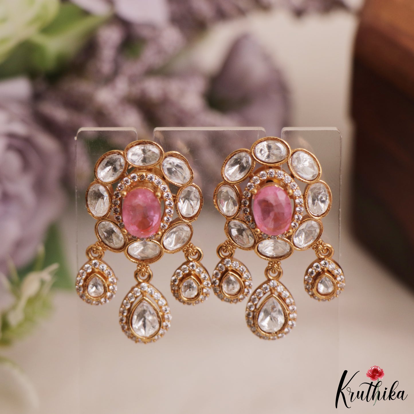 Trendy Floral Motifs Polki Victorian Stud Earrings With Teardrop Drops E1085 (Available In 4 Colors)