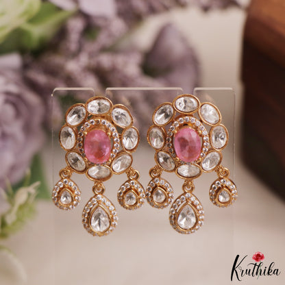 Trendy Floral Motifs Polki Victorian Stud Earrings With Teardrop Drops E1085 (Available In 4 Colors)