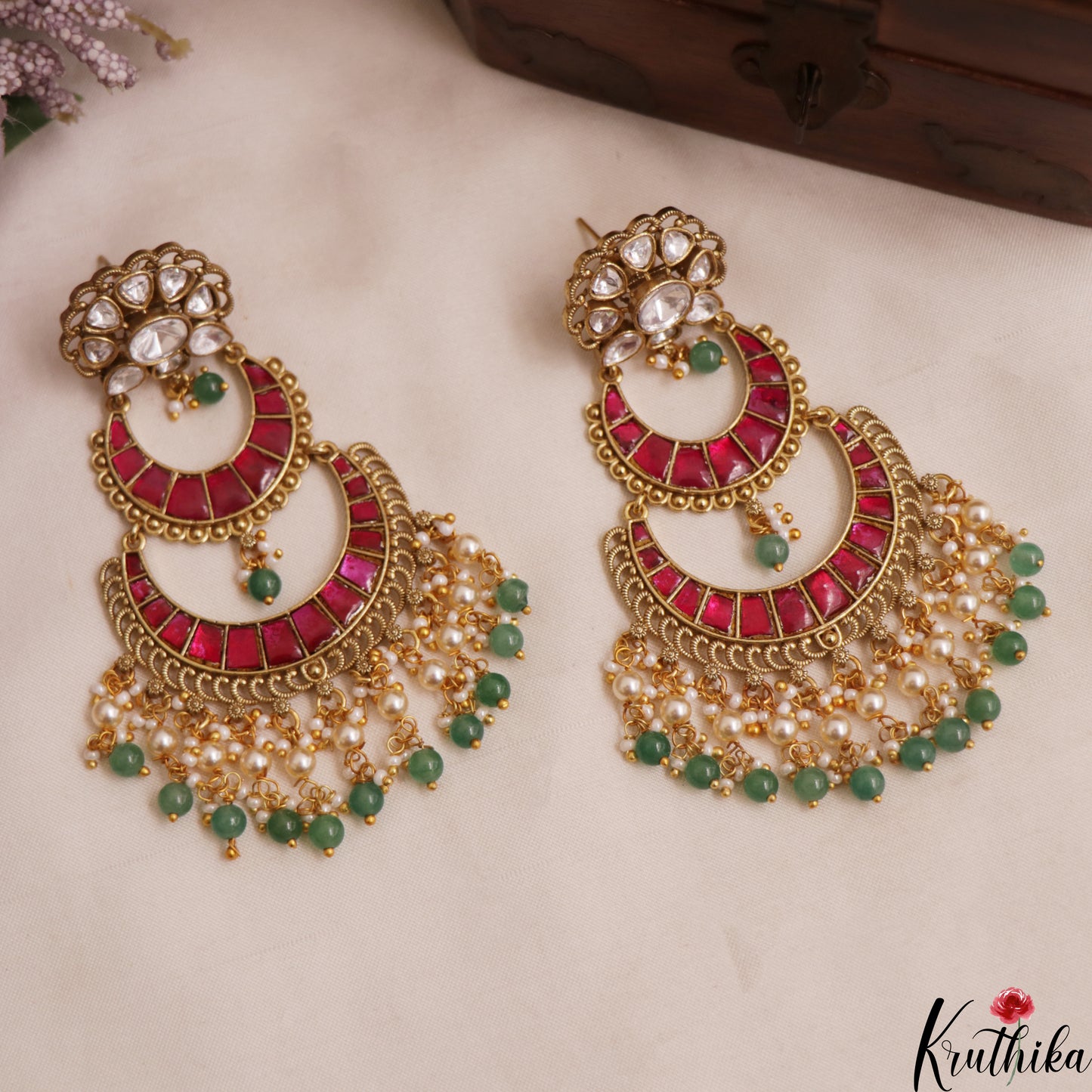 Premium Floral Polki Chandbali Jadau Earrings With Pearl Bead Drops E1139 (Available In 2 Colors)