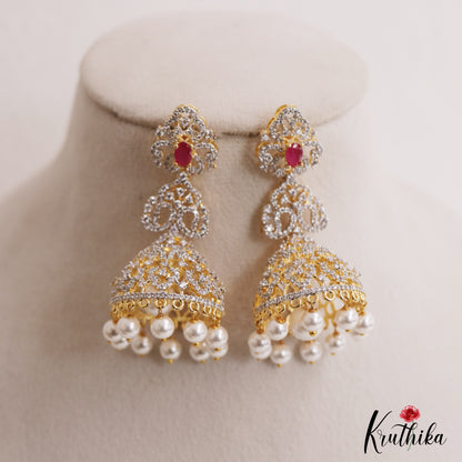 Classic Mango Motifs AD Jhumkas With Pearl Drops E1096  (Available In 3 Colors)