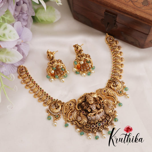 Premium Antique Nagas Lakshmi Peacock Motifs Necklace With Pearl And Bead Drops NC2611