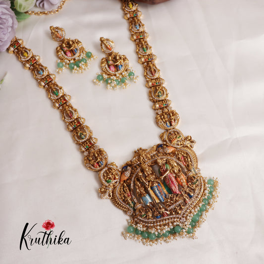 Intricate Hand painted Srinivasa kalyanam haaram with green bead drops LH2001