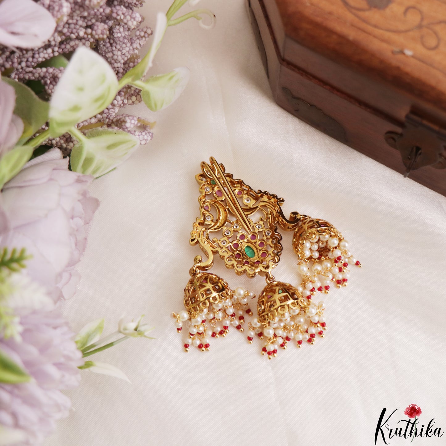 Classic Floral Peacock Motis Jhumka Jada Billa With Pearl Bead Drops J430 (Available In 2 Colors)