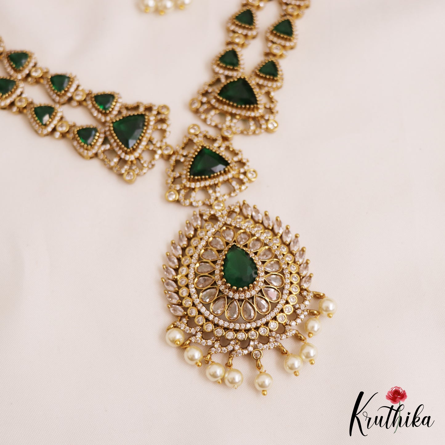 Stunning Geometric Motifs AD Victorian Necklace With Pearl Drops NC2772 (Available In 2 Colors)