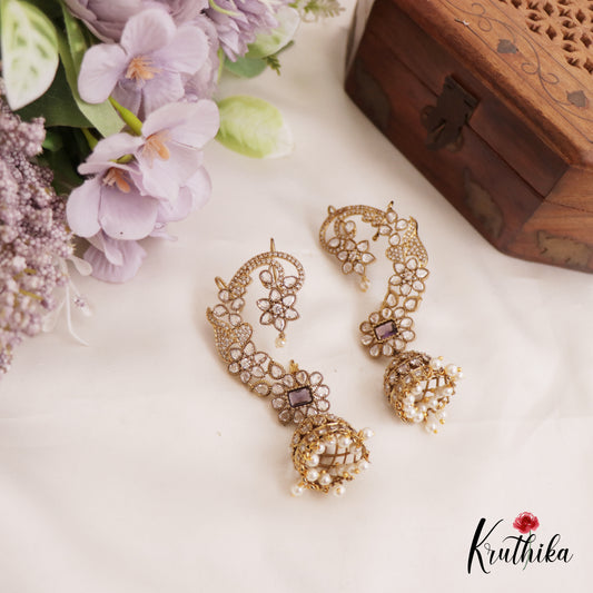 Stunning Floral Motifs AD Victorian Ear Cuff With Jhumkas E946 (Available In 3 Colors)