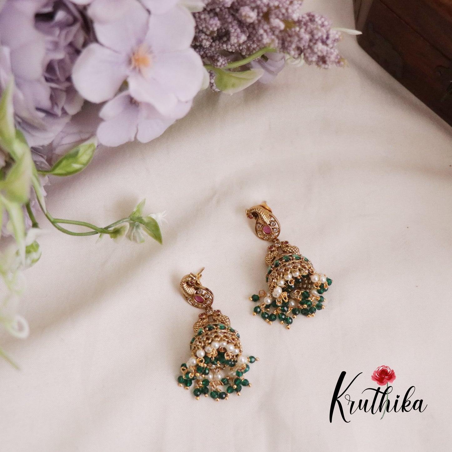 Simple Kemp Peacock Jhumka with Beads Drops E633  (Available in 3 Colors)