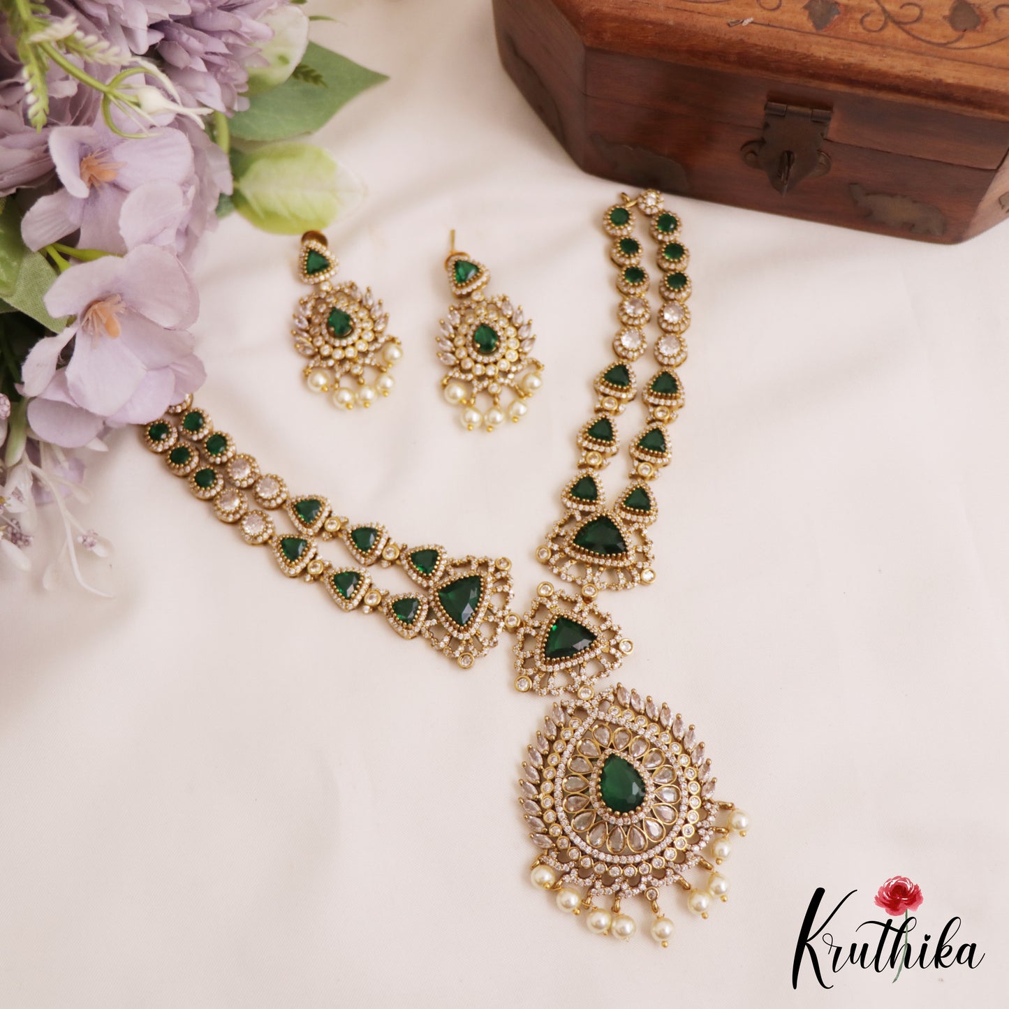 Stunning Geometric Motifs AD Victorian Necklace With Pearl Drops NC2772 (Available In 2 Colors)