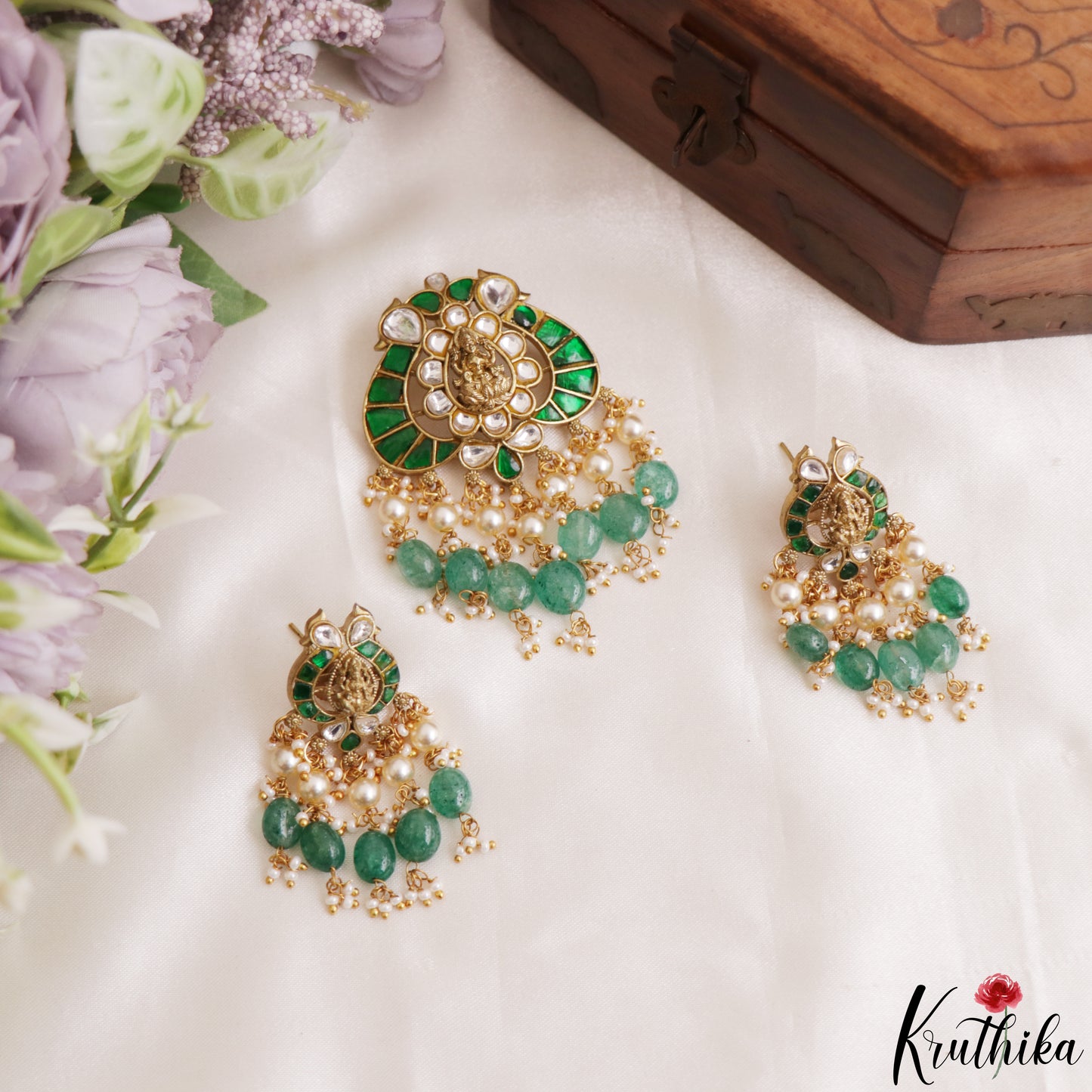 Gorgeous Antique Lakshmi Motifs Polki Jadau Pendant Set With Green Bead Drops PS307 (Available In 3 Colors)