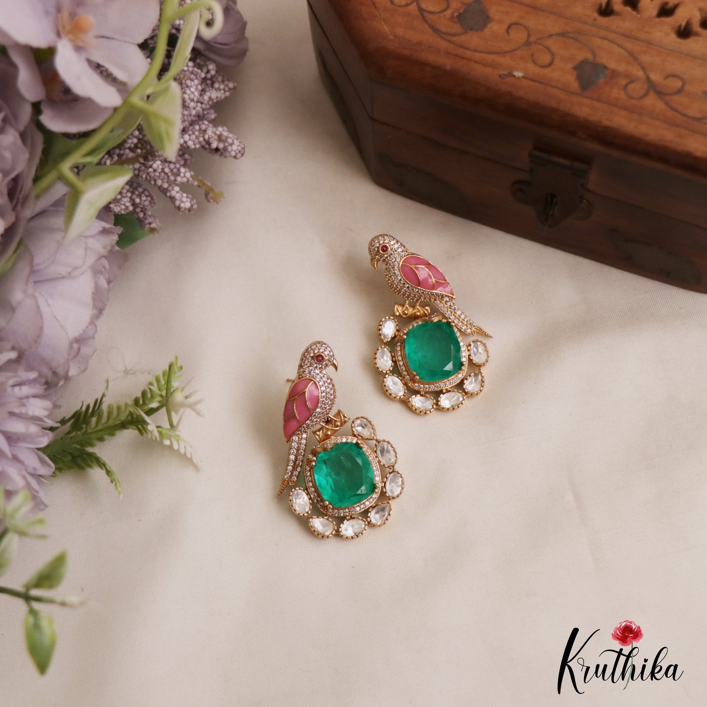 Gorgeous Parrot Motif Polki Victorian Stud Earrings E1099 (Available In 5 Colors)