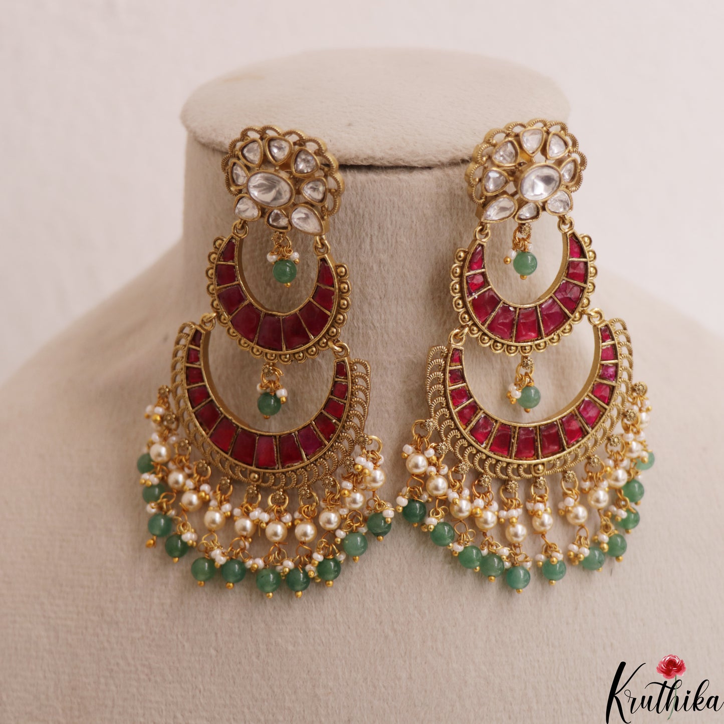 Premium Floral Polki Chandbali Jadau Earrings With Pearl Bead Drops E1139 (Available In 2 Colors)