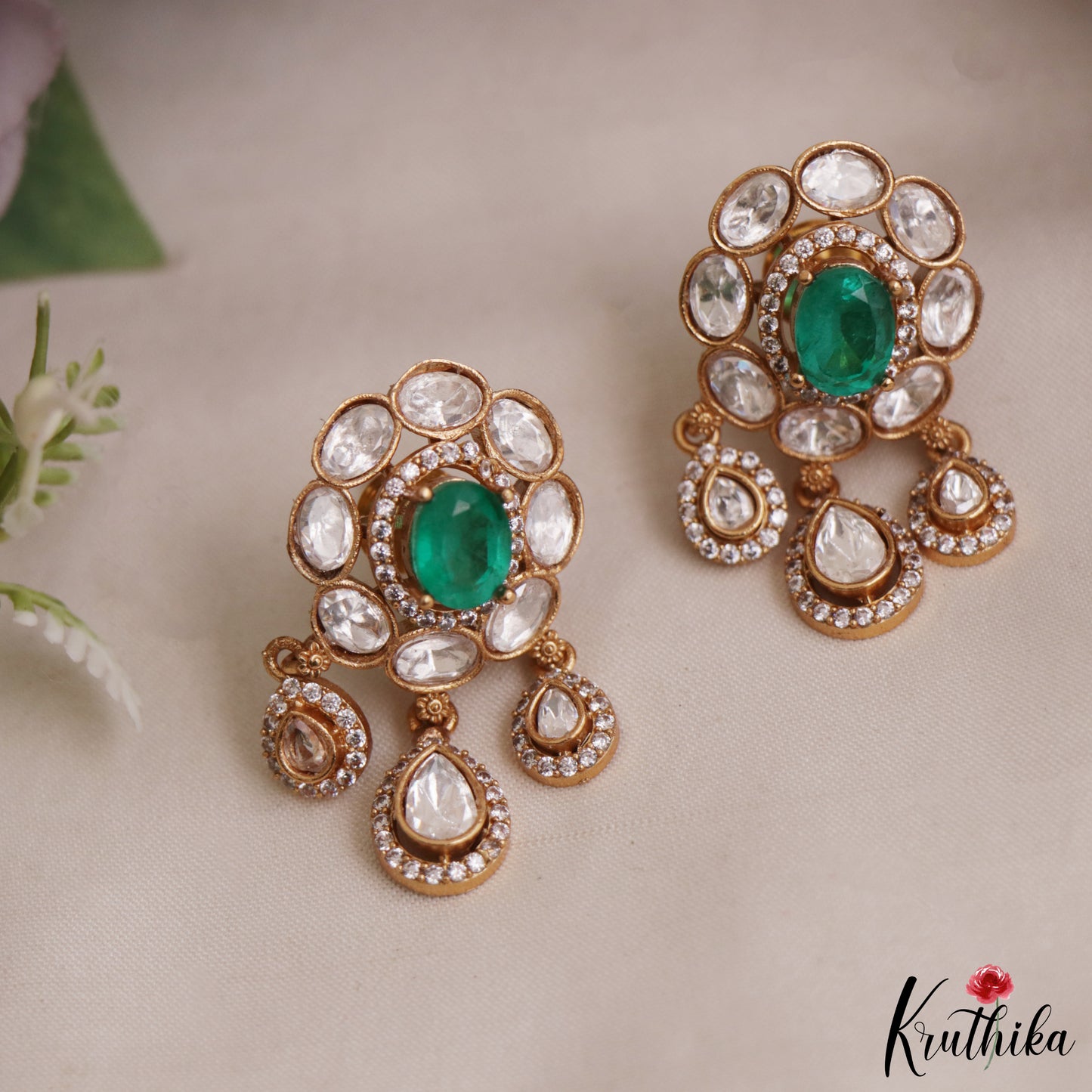 Trendy Floral Motifs Polki Victorian Stud Earrings With Teardrop Drops E1085 (Available In 4 Colors)