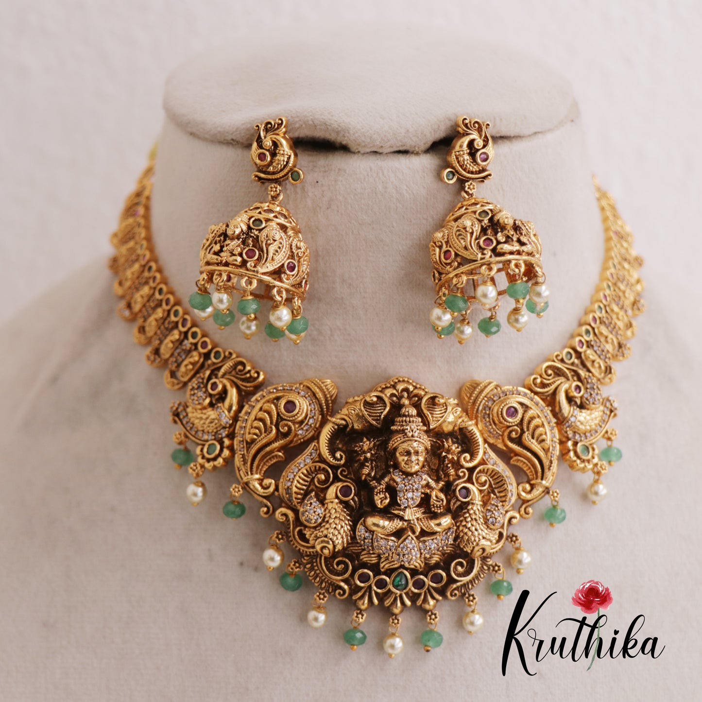 Premium Antique Nagas Lakshmi Peacock Motifs Necklace With Pearl And Bead Drops NC2611