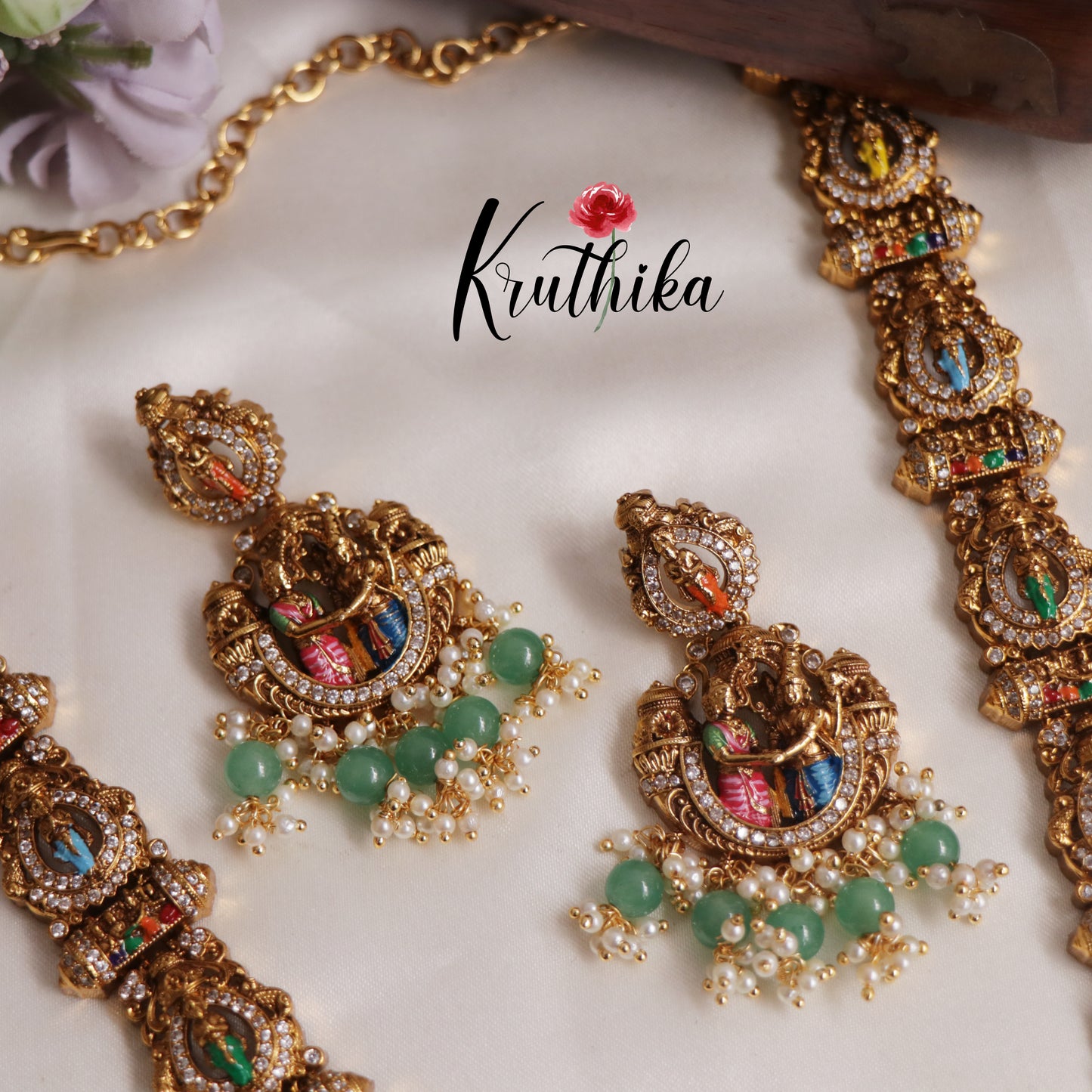Intricate Hand painted Srinivasa kalyanam haaram with green bead drops LH2001