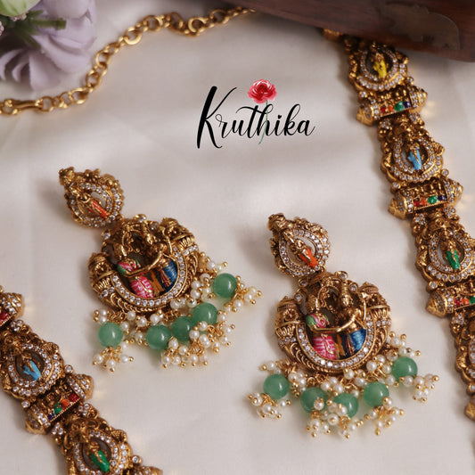 Intricate Hand painted Srinivasa kalyanam haaram with green bead drops LH2001