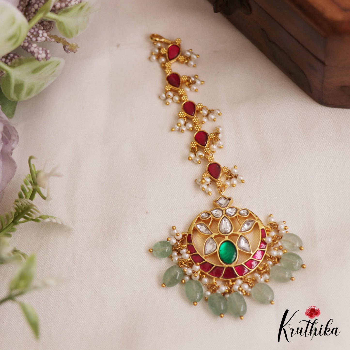 Classic Teardrop Motifs Kemp Maang Tikka With Green Bead Drops MT373 (Available In 2 Colors)