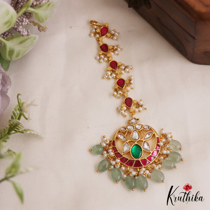 Classic Teardrop Motifs Kemp Maang Tikka With Green Bead Drops MT373 (Available In 2 Colors)