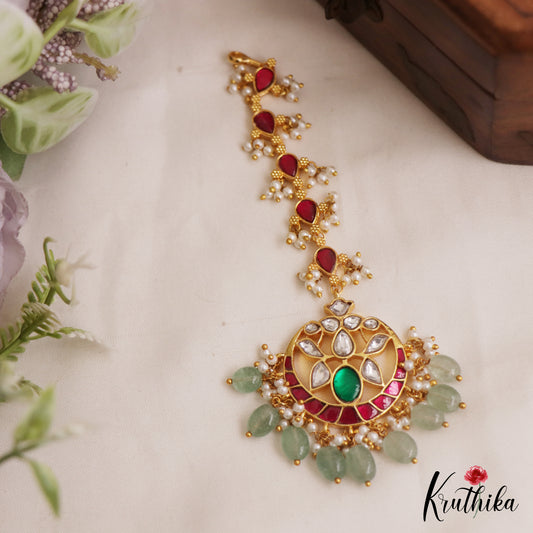 Classic Teardrop Motifs Kemp Maang Tikka With Green Bead Drops MT373 (Available In 2 Colors)