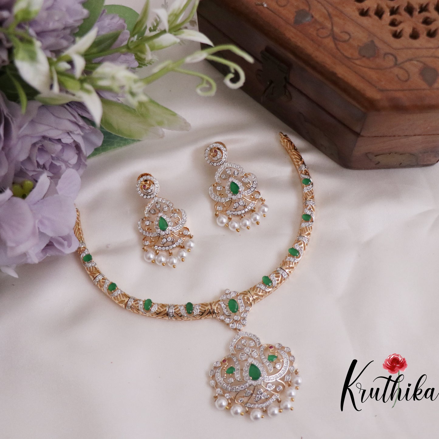 Simple AD/ Victorian Hasli Necklace with Peacock Pendant Drops NC2251 (Available in 3 Colours)