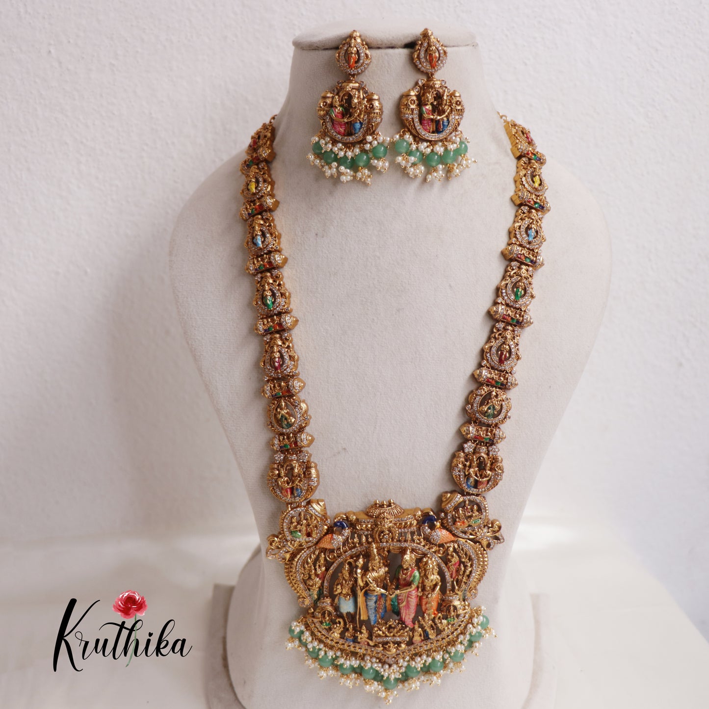 Intricate Hand painted Srinivasa kalyanam haaram with green bead drops LH2001