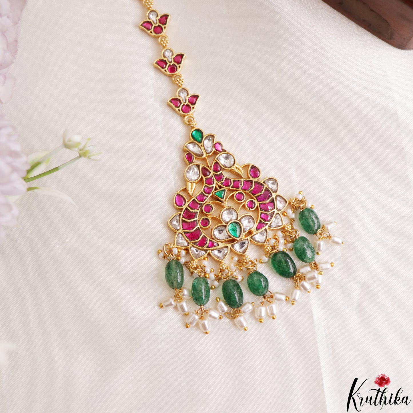 Trendy Peacock Motifs Jadau Maang Tikka With Green Bead Drops MT394