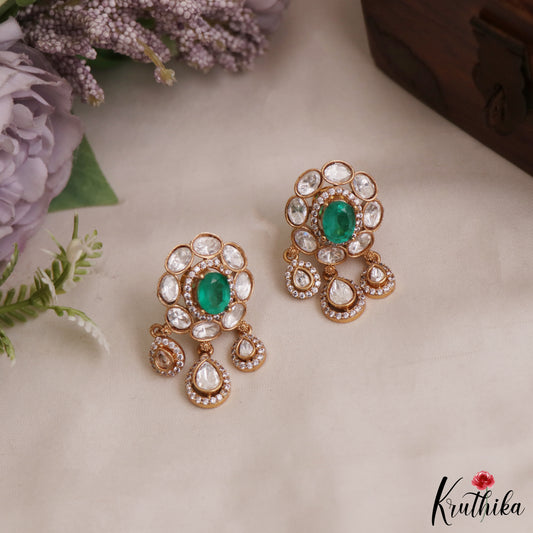 Trendy Floral Motifs Polki Victorian Stud Earrings With Teardrop Drops E1085 (Available In 4 Colors)