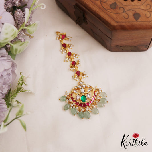 Classic Teardrop Motifs Kemp Maang Tikka With Green Bead Drops MT373 (Available In 2 Colors)