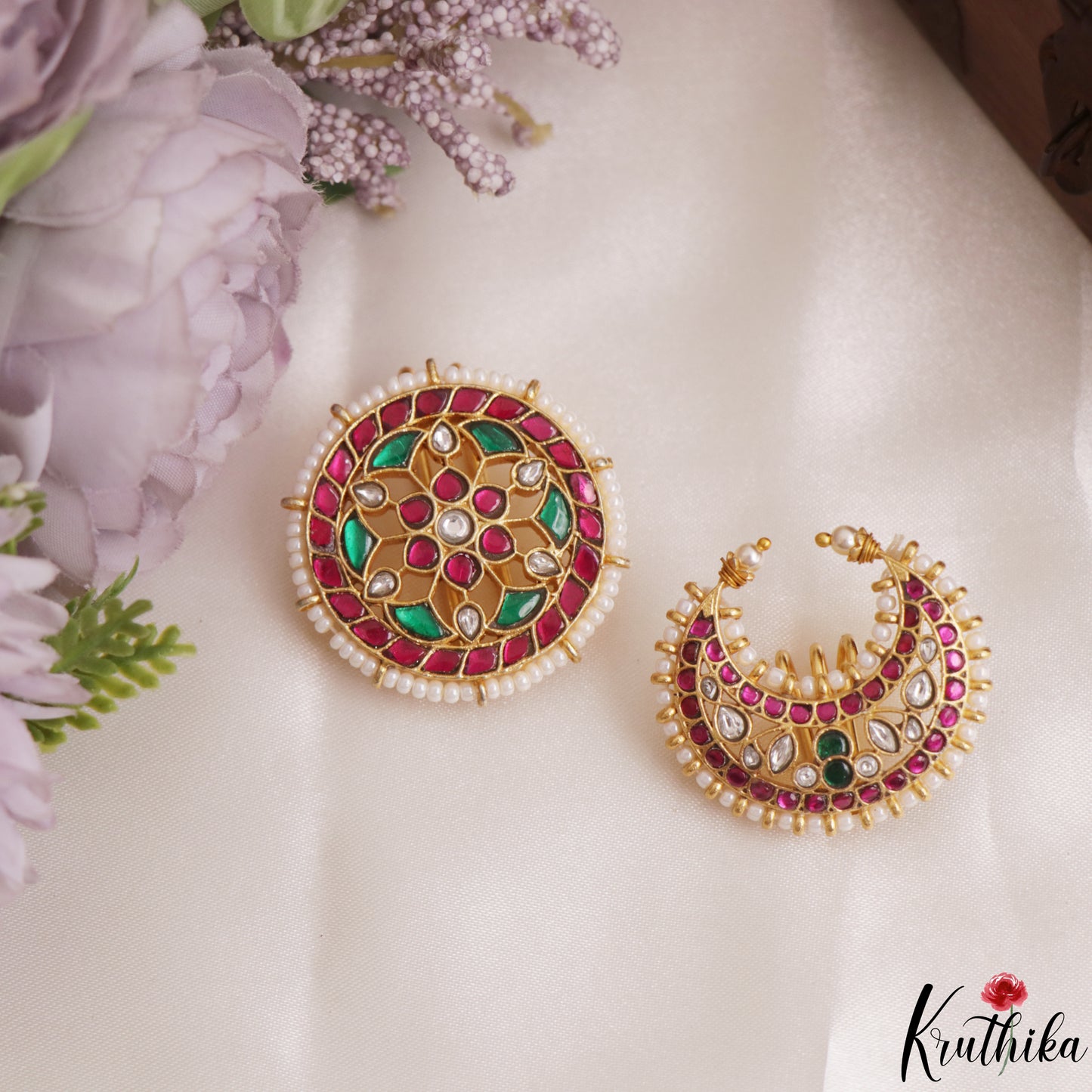 Classic Pearl Border Floral Motifs Chandra Surya Jadau Hair Ornaments J413