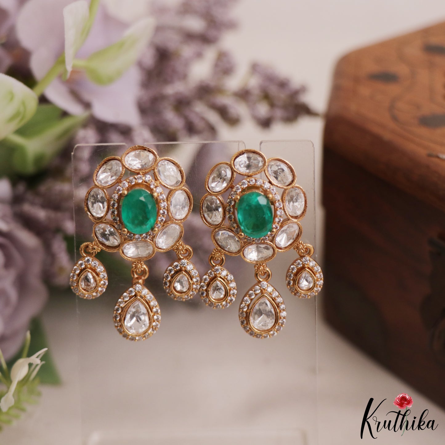 Trendy Floral Motifs Polki Victorian Stud Earrings With Teardrop Drops E1085 (Available In 4 Colors)