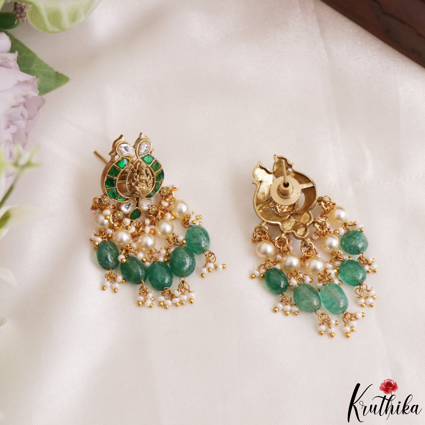 Gorgeous Antique Lakshmi Motifs Polki Jadau Pendant Set With Green Bead Drops PS307 (Available In 3 Colors)