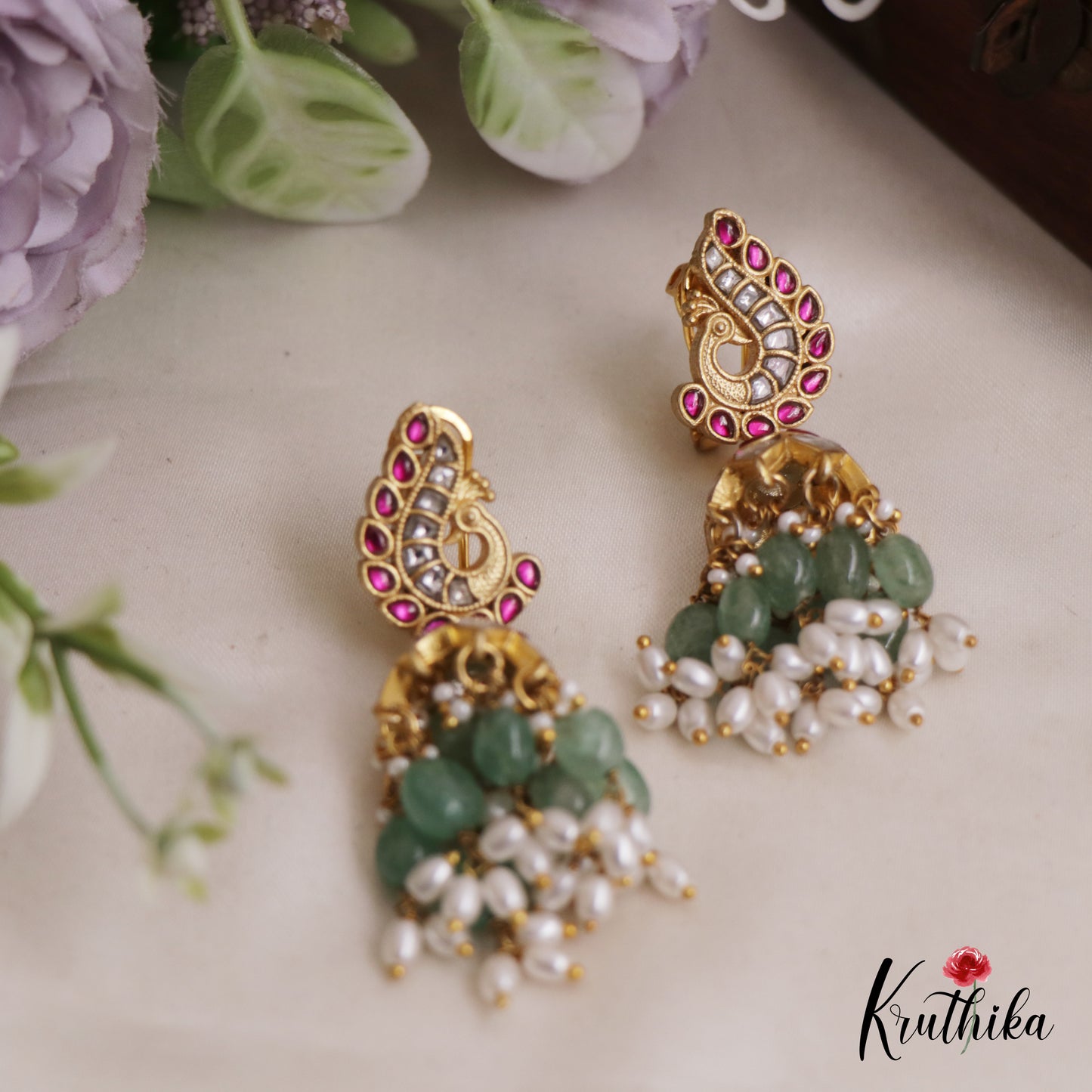 Gorgeous Peacock Motifs Jhumka Jadau Earrings With Pearl And Bead Drops E851
