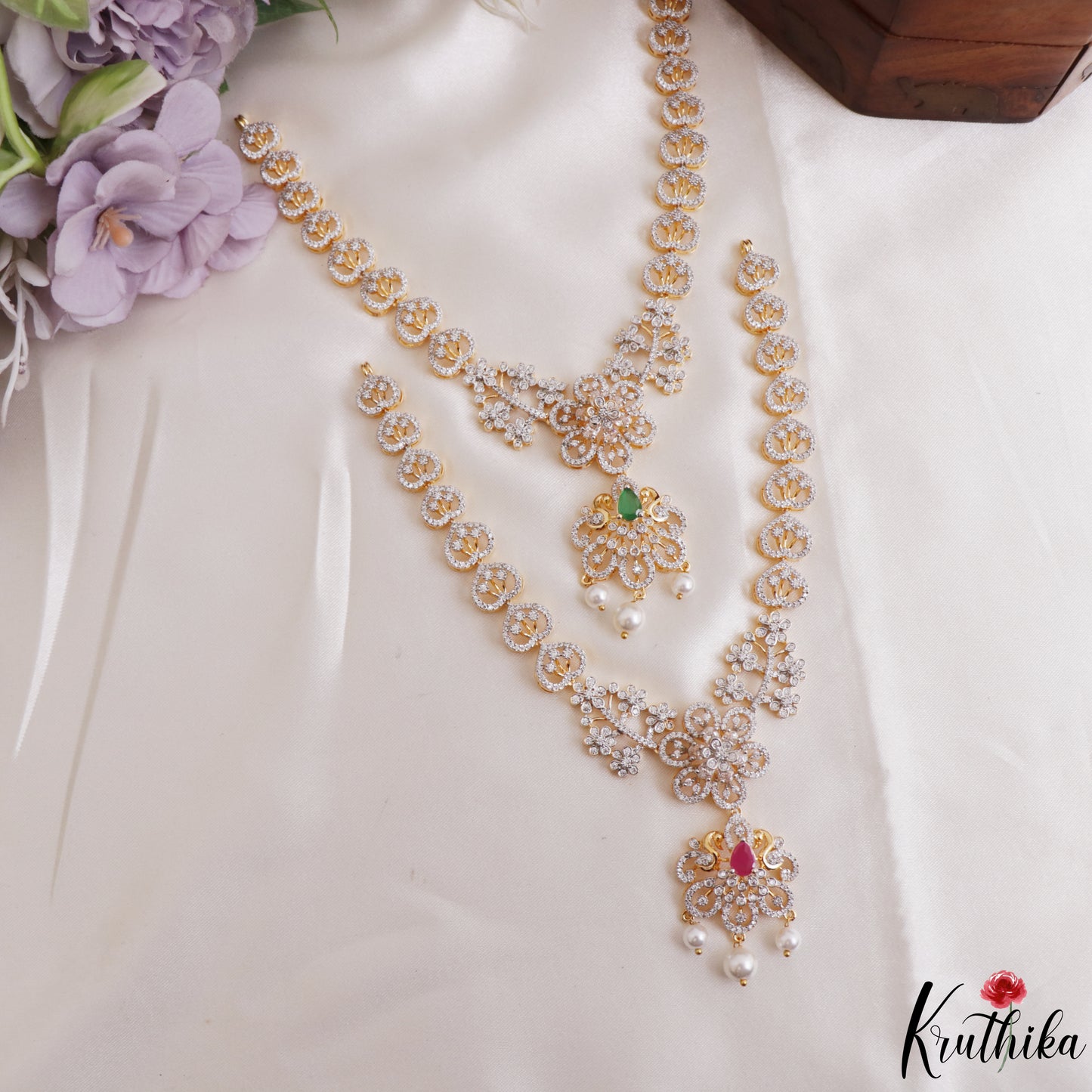 Elegant Floral Motifs CZ Victorian Necklace With Pearl Drops NC3264 (Available In 2 Colors)
