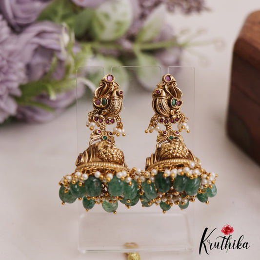 Gorgeous Antique Peacock Motifs Jhumka With Bead Drops E1004 (Available In 2 Colors)