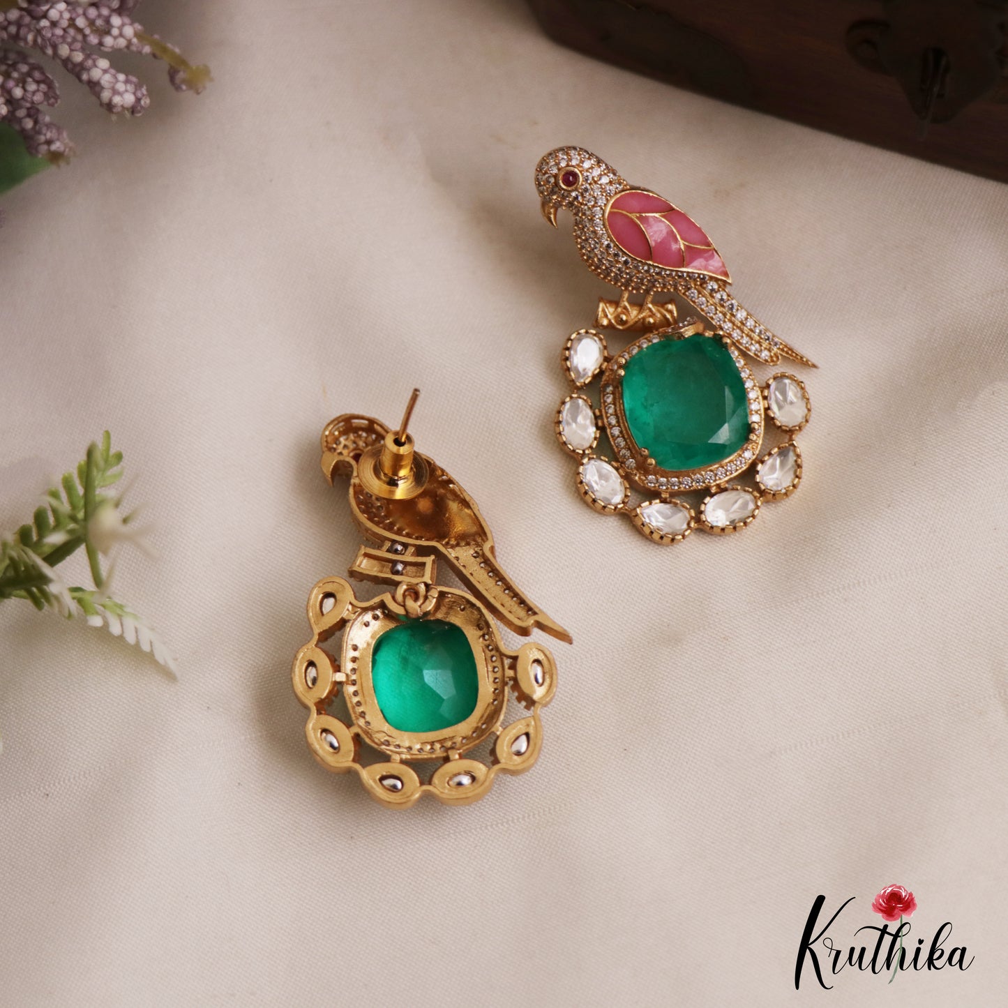 Gorgeous Parrot Motif Polki Victorian Stud Earrings E1099 (Available In 5 Colors)