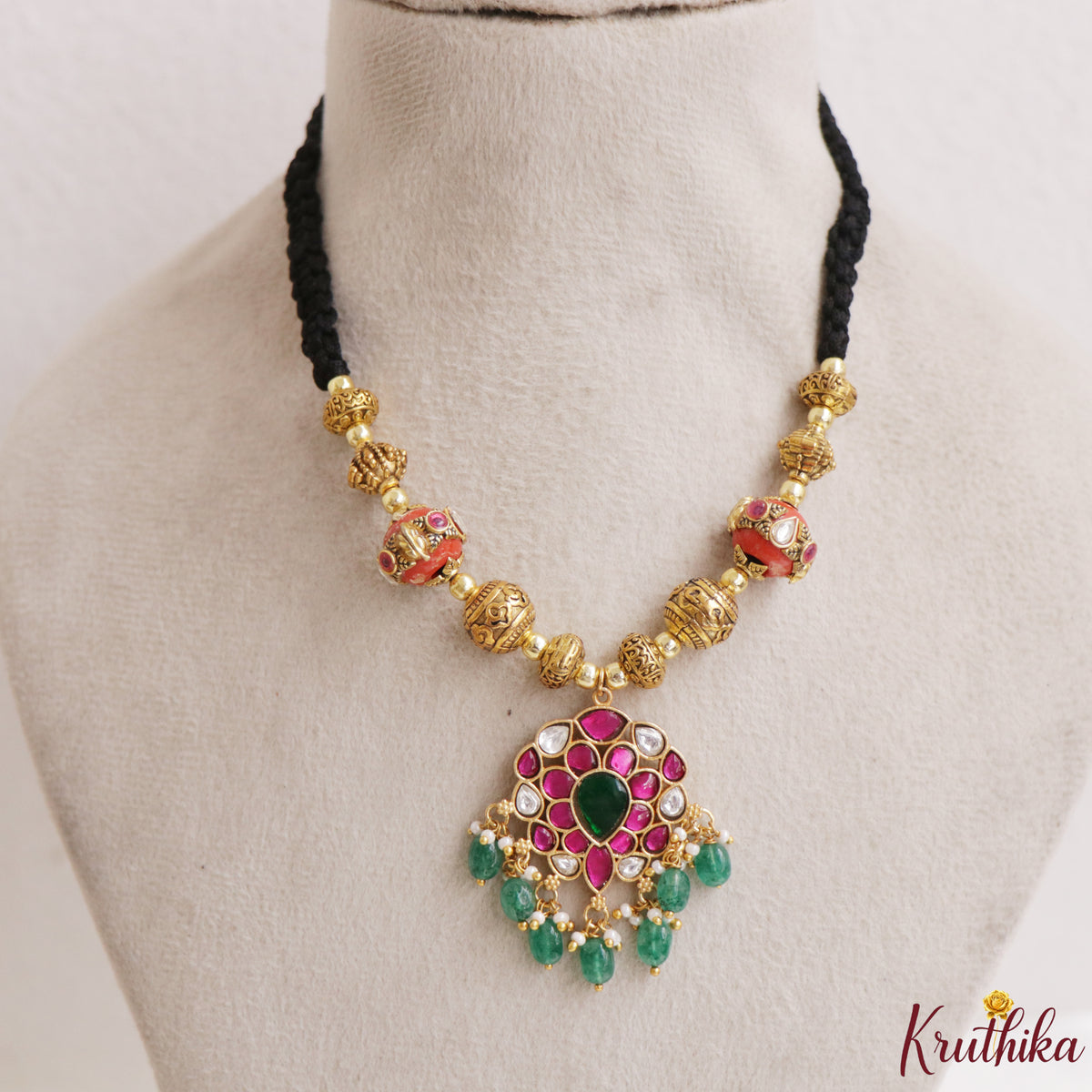 Pretty Jadau Pendant Black Thread Necklace NC3315