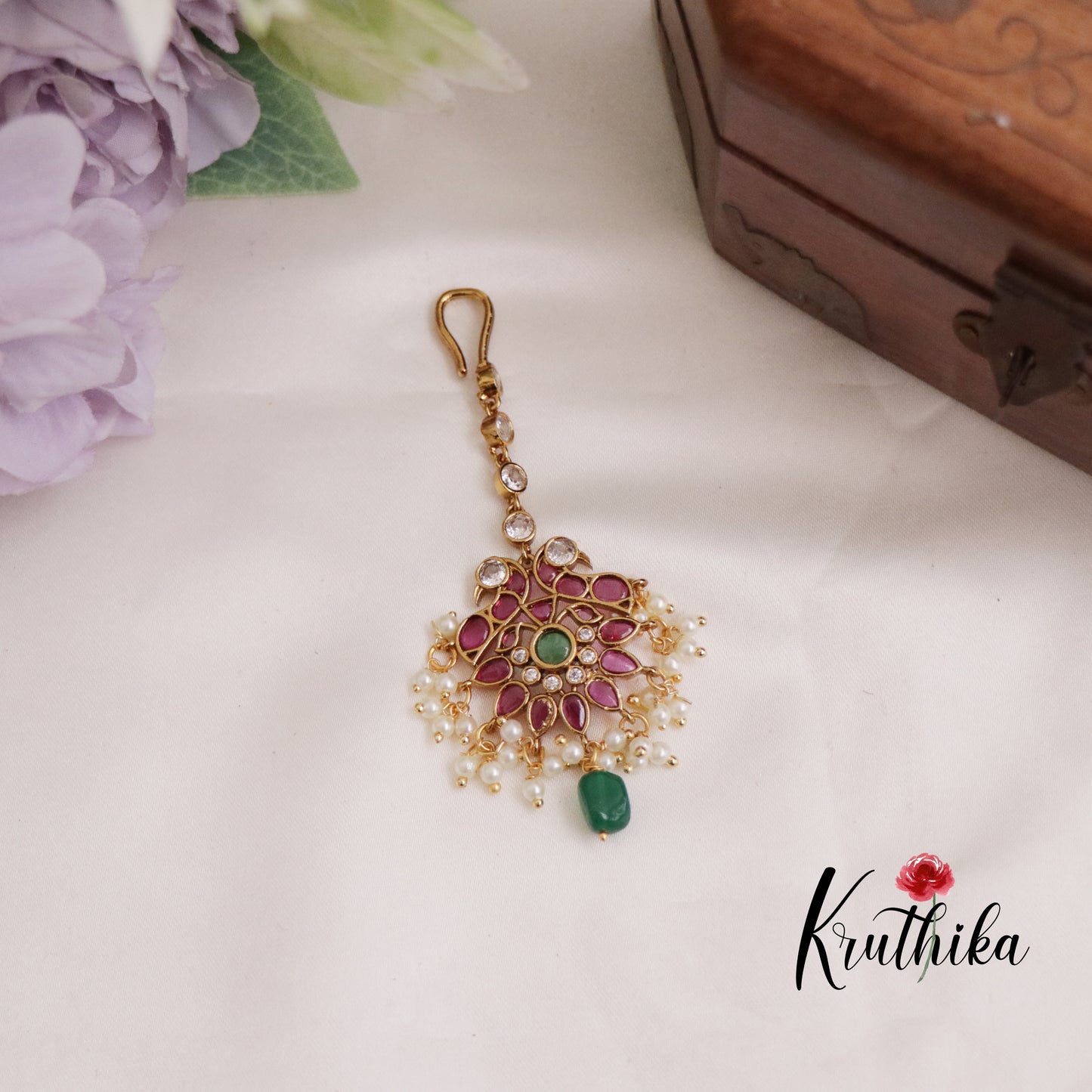 Simple Kemp Peacock Maang Tikka with Pearls Drops MT283