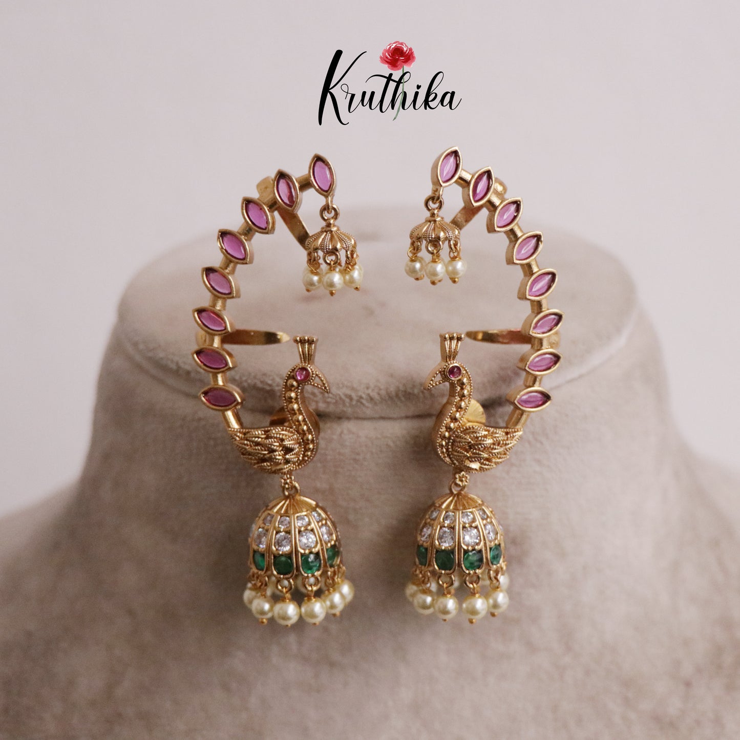 Simple trendy Ruby peacock AD Earcuff Jhumkas E487 (Available in 2 Colours)
