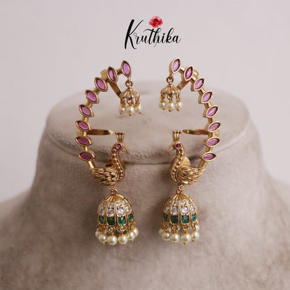 Simple trendy Ruby peacock AD Earcuff Jhumkas E487 (Available in 2 Colours)