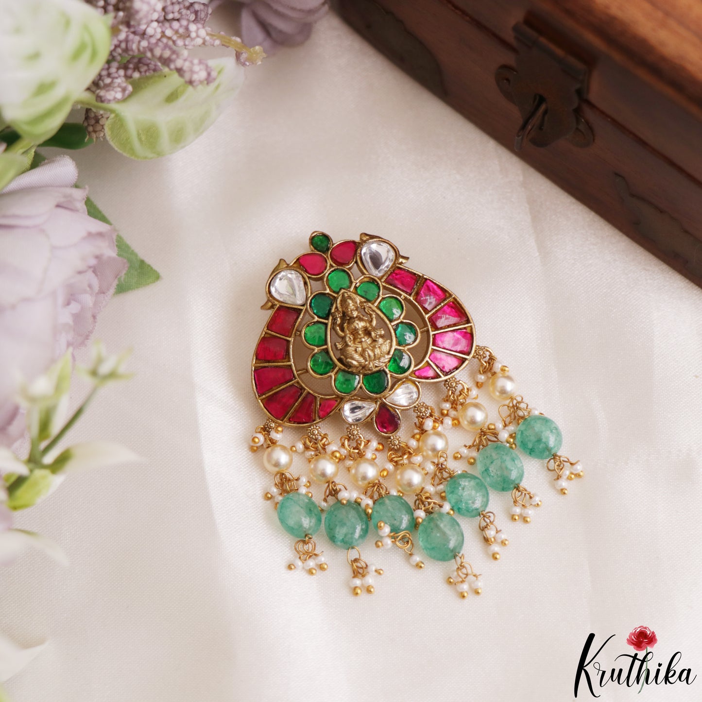 Gorgeous Antique Lakshmi Motifs Polki Jadau Pendant Set With Green Bead Drops PS307 (Available In 3 Colors)