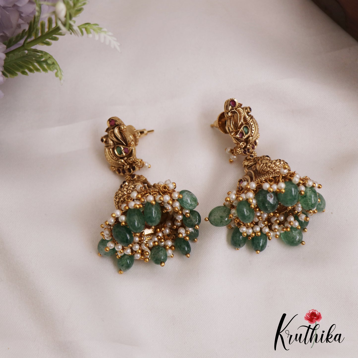 Gorgeous Antique Peacock Motifs Jhumka With Bead Drops E1004 (Available In 2 Colors)