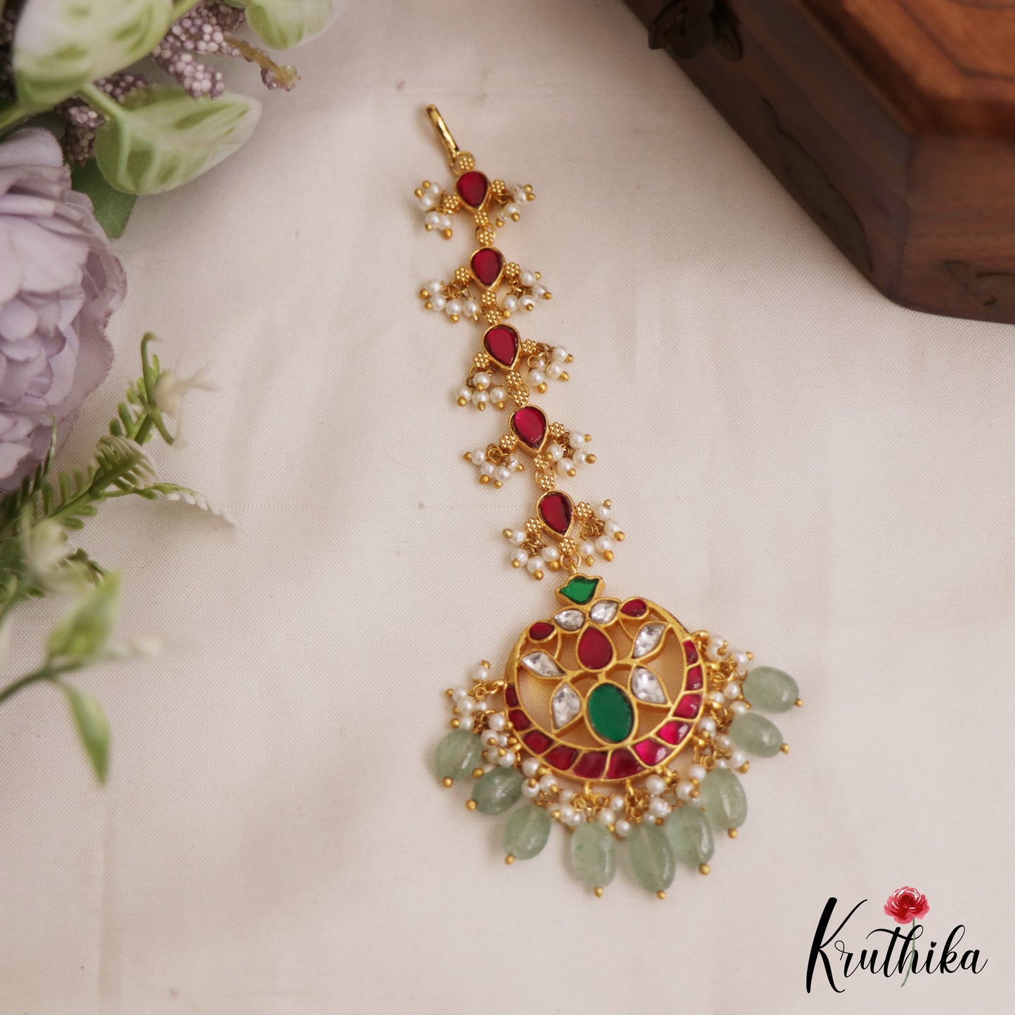 Classic Teardrop Motifs Kemp Maang Tikka With Green Bead Drops MT373 (Available In 2 Colors)
