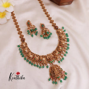 Premium peacock Lakshmi Jadau stones green bead drops haaram LH813