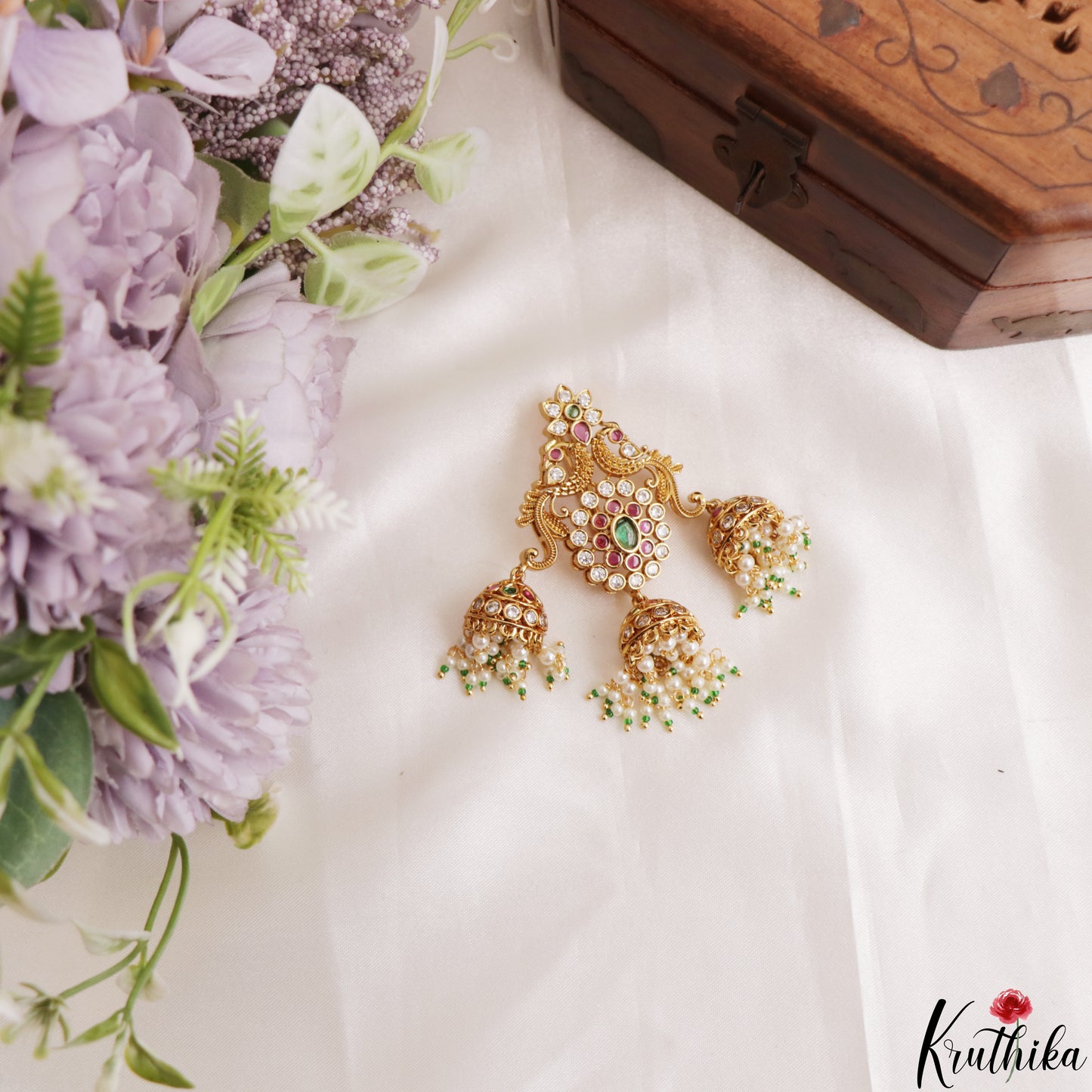 Classic Floral Peacock Motis Jhumka Jada Billa With Pearl Bead Drops J430 (Available In 2 Colors)
