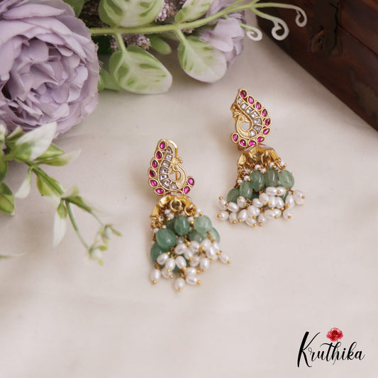 Gorgeous Peacock Motifs Jhumka Jadau Earrings With Pearl And Bead Drops E851