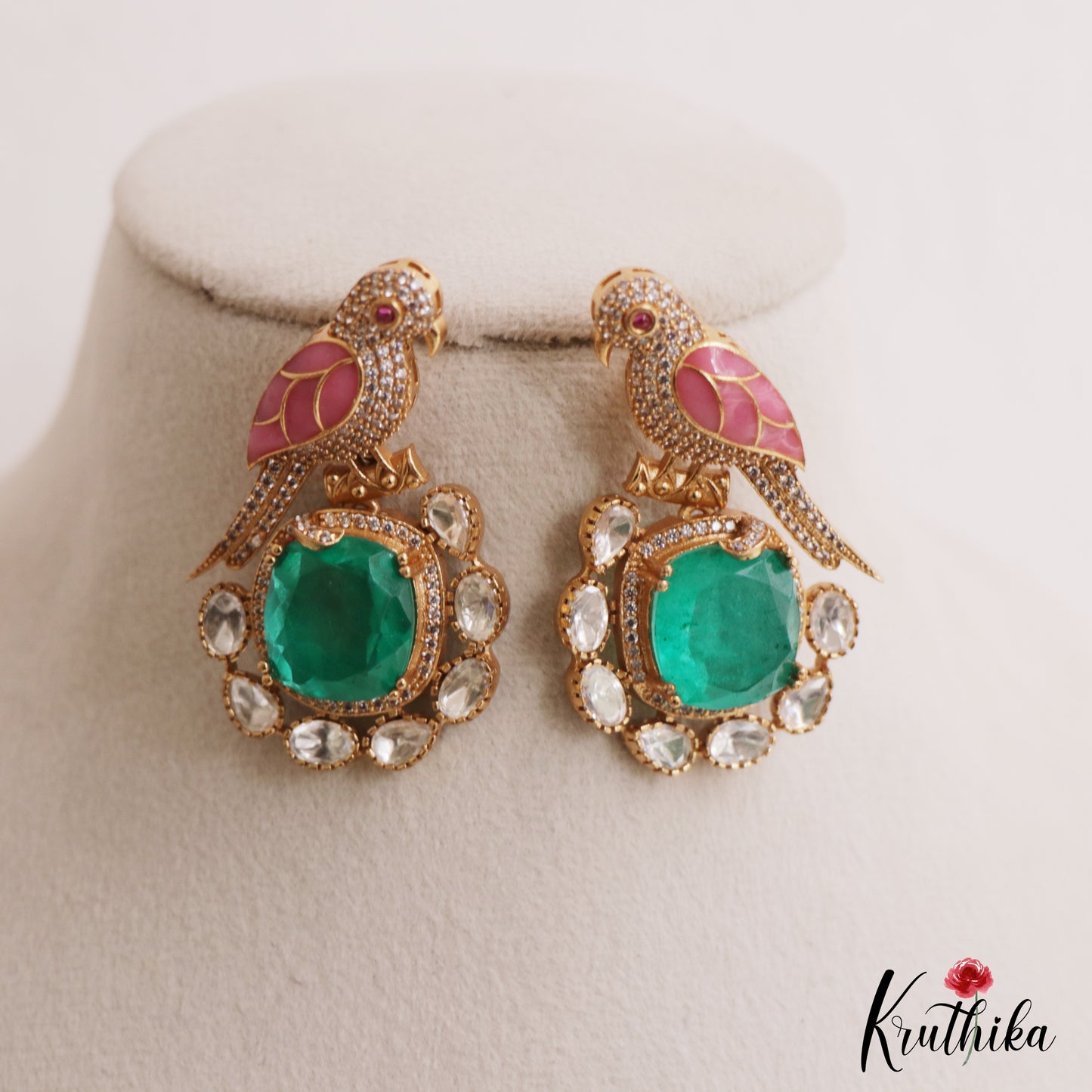 Gorgeous Parrot Motif Polki Victorian Stud Earrings E1099 (Available In 5 Colors)