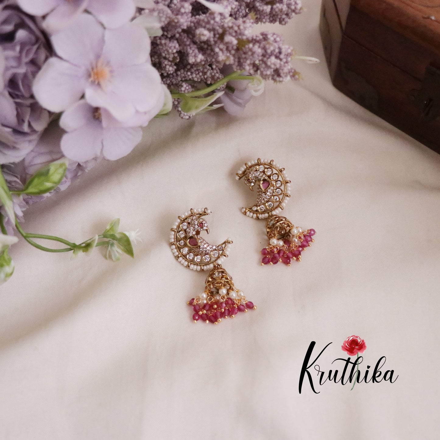 Grand Chandra Mayuri Jhumkas with Beads Drops E636 (Available in 2 Colors)