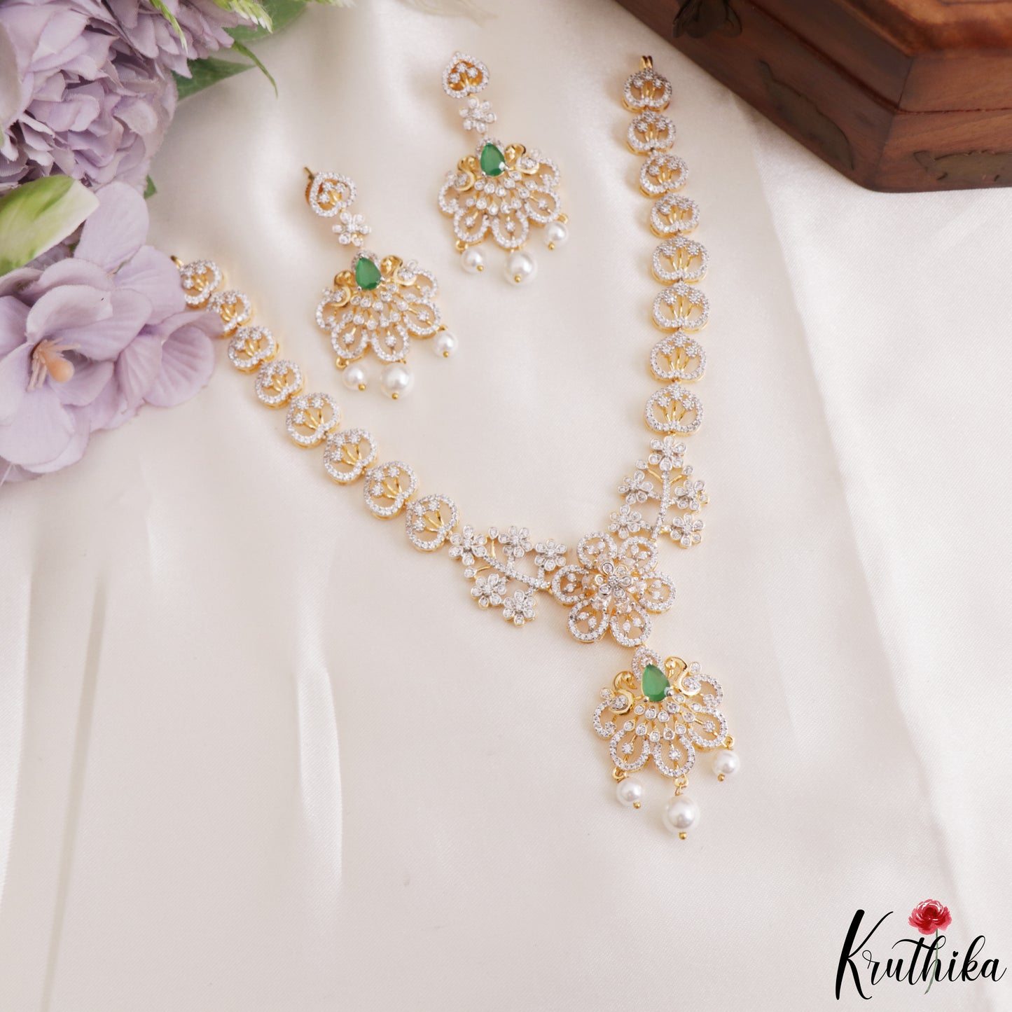 Elegant Floral Motifs CZ Victorian Necklace With Pearl Drops NC3264 (Available In 2 Colors)